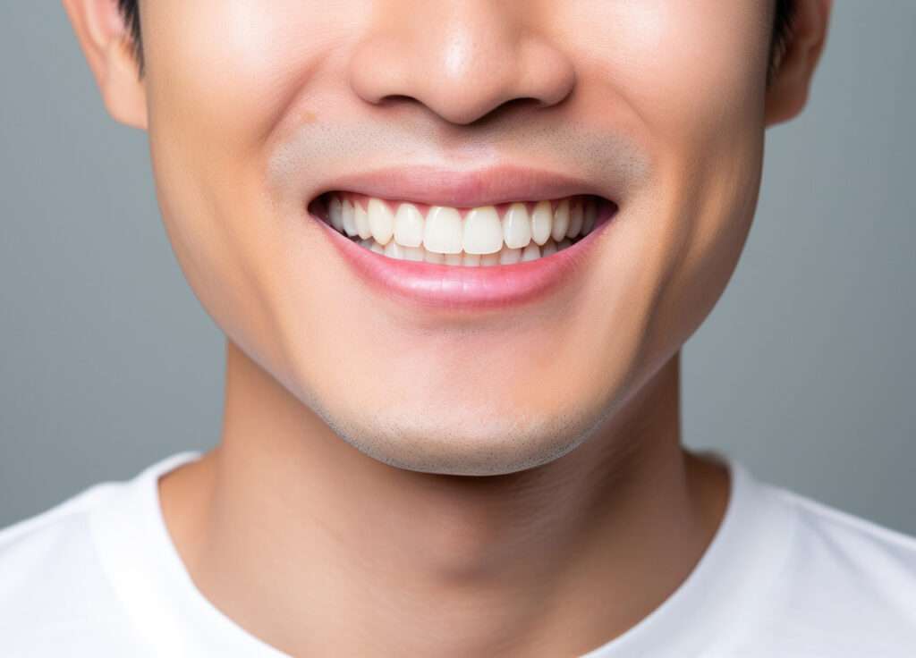 Man with straight teeth is seen smiling from the nose down to his shoulders.