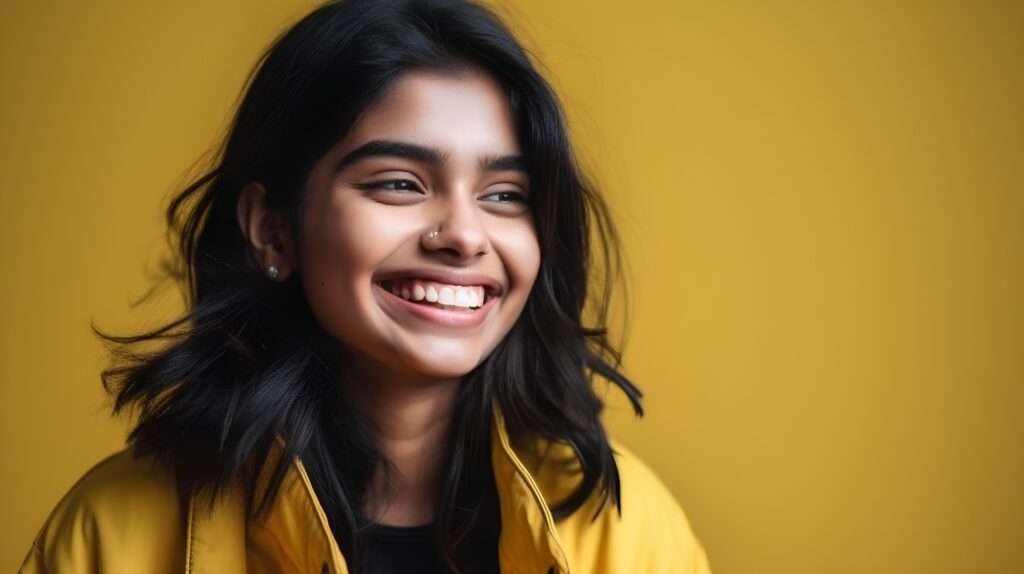 Woman wearing a jacket and smiling as she looks to the right.